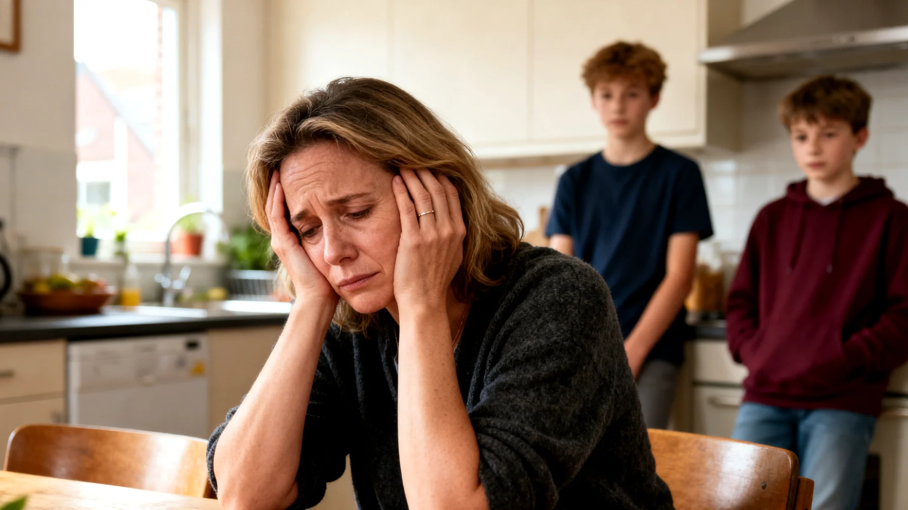 Een moeder van adolescenten worstelt met chronische vermoeidheid en tijdsgebrek, waardoor ze moeite heeft om voldoende aandacht en energie te geven aan de emotionele en praktische behoeften van haar tienerkinderen tijdens deze cruciale ontwikkelingsfase"