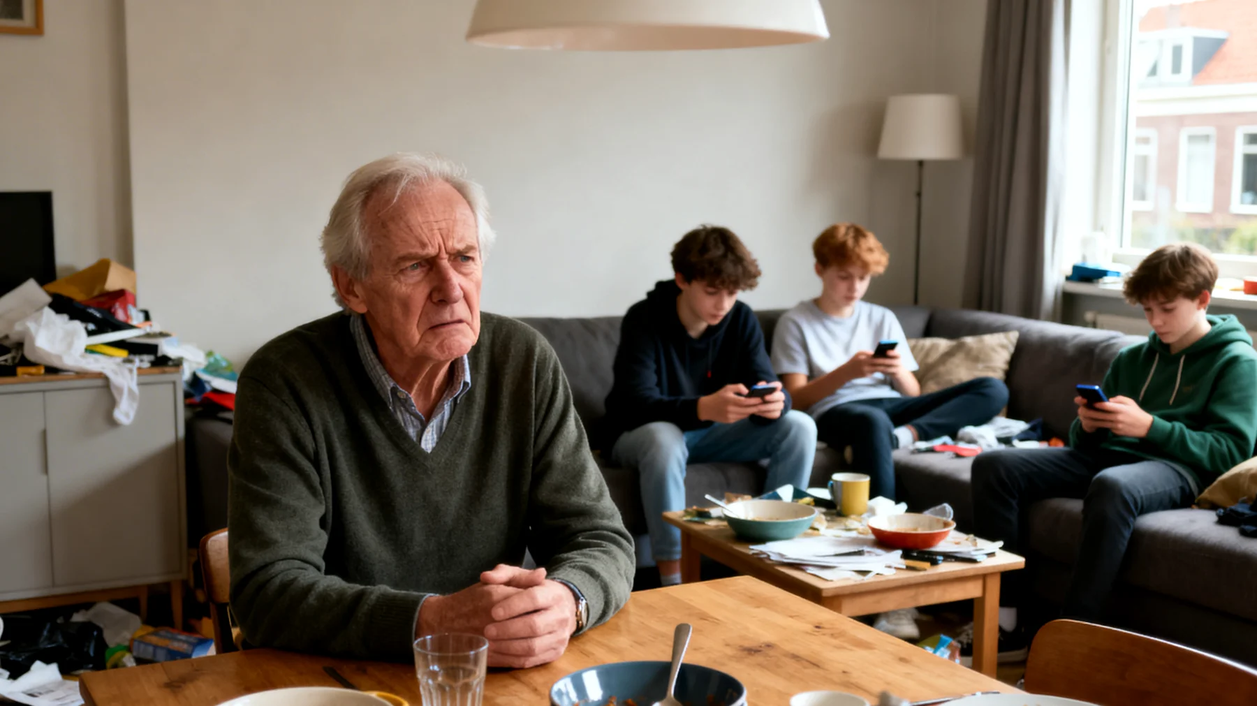 Opa ervaart frustratie omdat zijn adolescente kleinkinderen niet willen meehelpen bij dagelijkse activiteiten tijdens hun bezoeken, zoals opruimen, tafel dekken of kleine klusjes, wat leidt tot spanningen en een gevoel van gebrek aan respect"